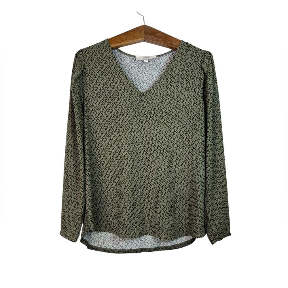 Loft Women’s Green Black Floral V-Neck Long Sleeve Blouse Size L